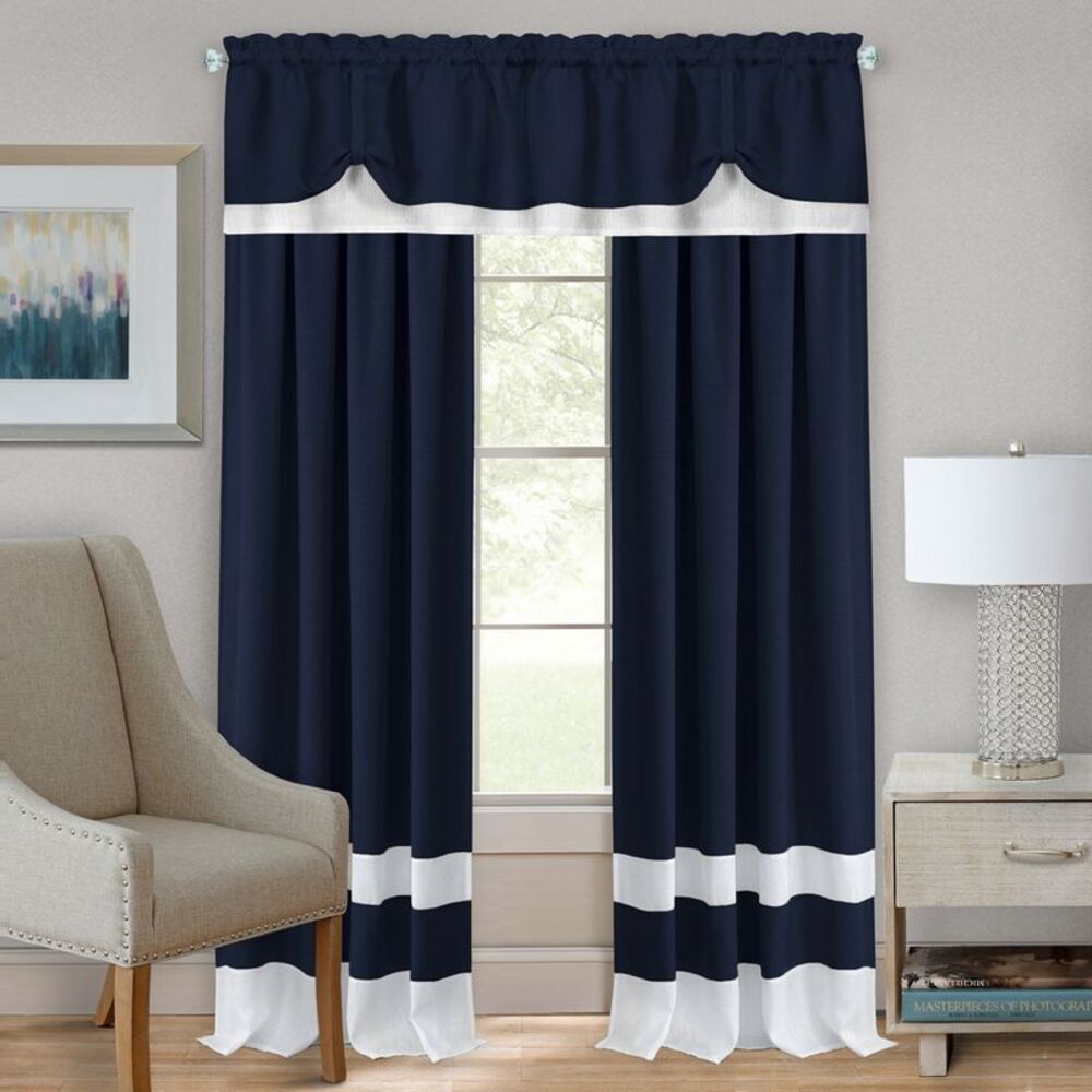 Darcy Navy Solid Contemporary Window Curtain Panel: 52" x 63", Rod Pocket Panel